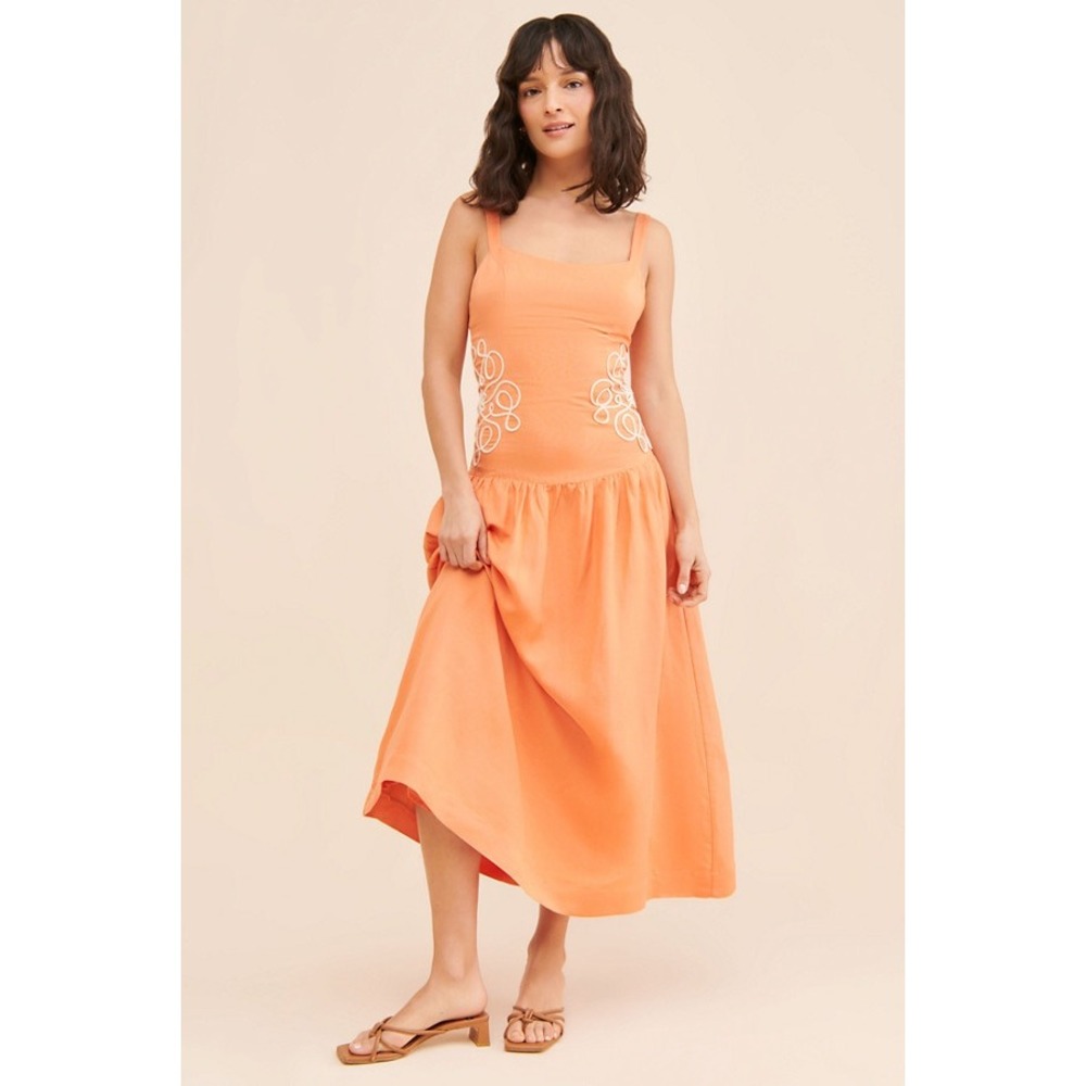 Mon Renn Luna Embroidered Midi Dress Size XL Orange Drop Waist